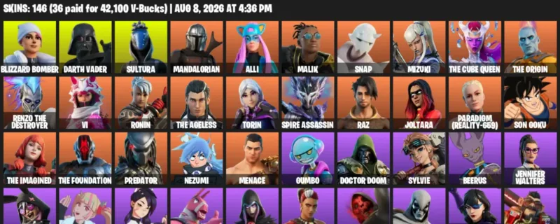 Fortnite account inventory for LVL 1600 - Blizzard Bomber - Darth Vader - 146 Outfits