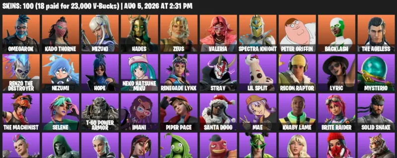 Fortnite account inventory for LVL 1990 - Omegarok - Kado Thorne - 100 Outfits