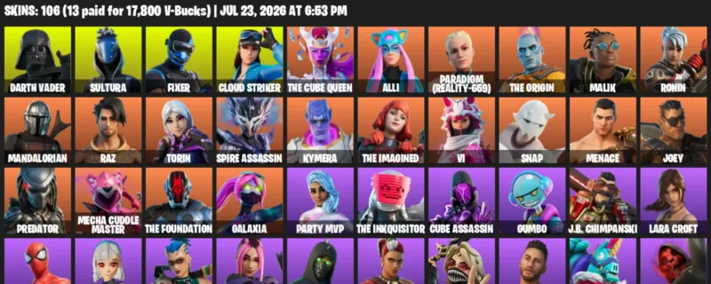 Fortnite Accounts listing: LVL 1170 - Darth Vader - Sultura - 106 Outfits - 106 outfits