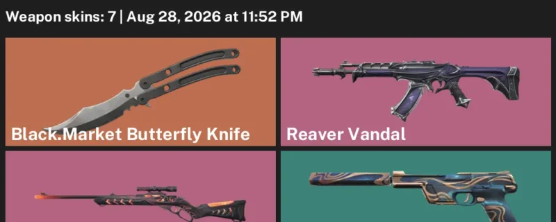 Valorant account inventory for LVL 76 · Reaver Vandal & Black.Market Butterfly Knife