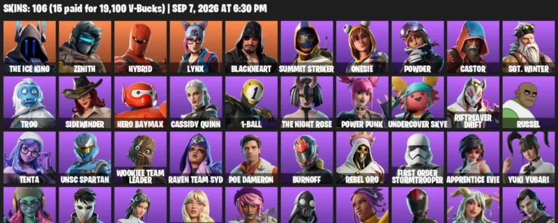 Fortnite account inventory for LVL 898 - The Ice King - Zenith - 106 Outfits