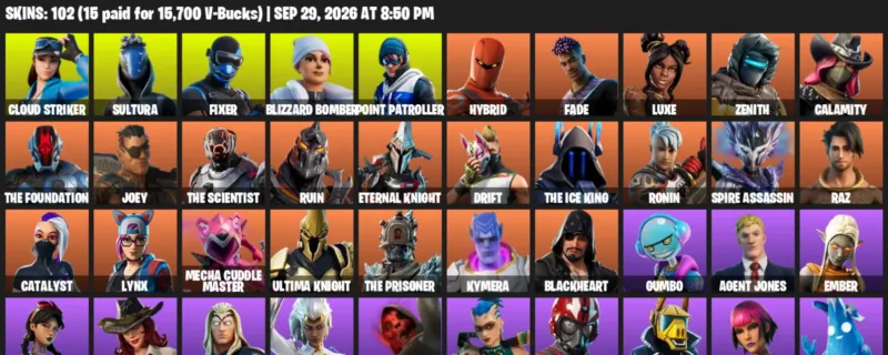Fortnite account inventory for Cloud Striker - Sultura - 102 Outfits