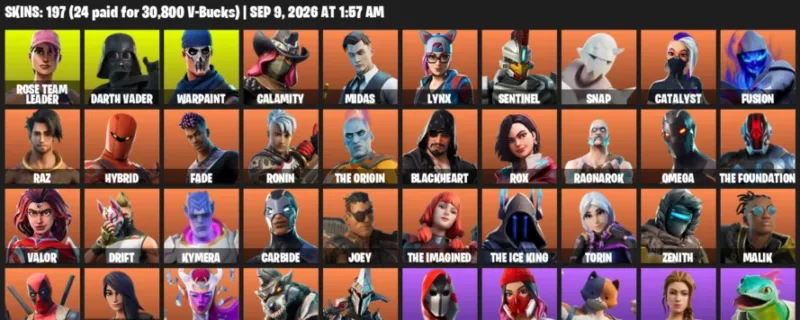 Fortnite account inventory for LVL 3449 - Rose Team Leader - Darth Vader - 197 Outfits