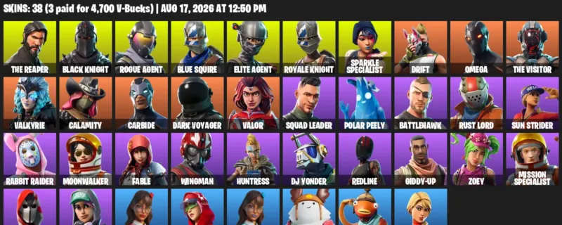 Fortnite account inventory for LVL 548 - The Reaper - Black Knight - 38 Outfits