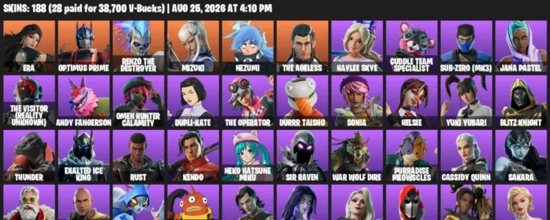 Fortnite account inventory for LVL 1357 - Era - Optimus Prime - 188 Outfits