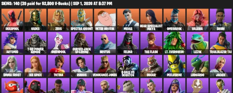 Fortnite account inventory for LVL 1668 - Deadpool - Hades - 140 Outfits