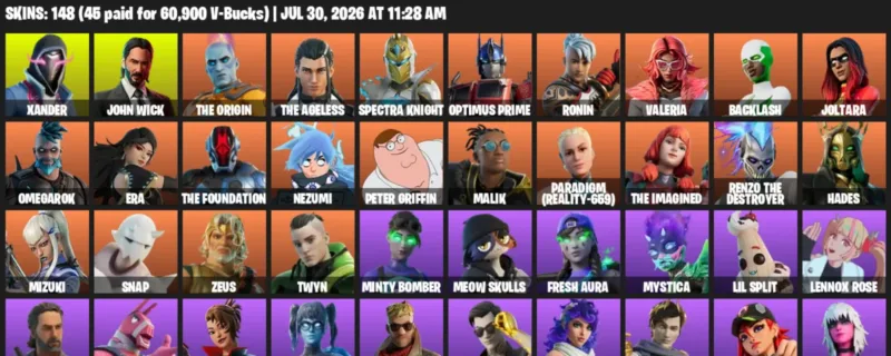 Fortnite Accounts listing: LVL 1738 - Xander - John Wick - 148 Outfits - 148 outfits