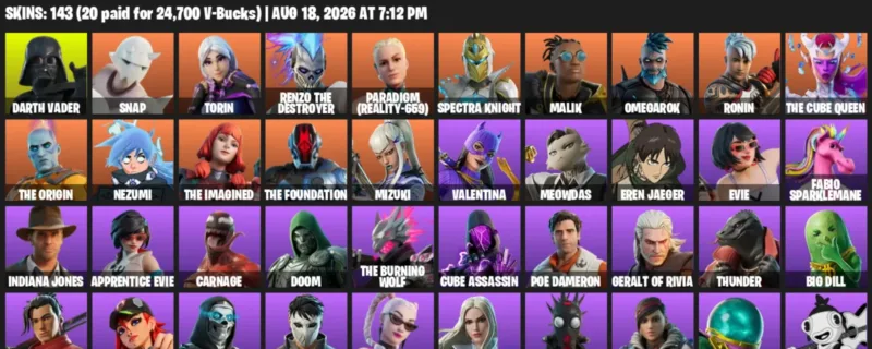 Fortnite account inventory for LVL 2369 - Darth Vader - Snap - 143 Outfits