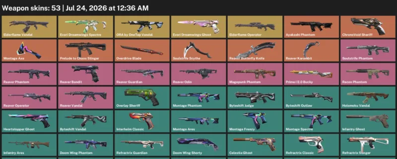Valorant Accounts listing: LVL 157 · Overdrive Blade & Reaver Butterfly Knife · 53 Skins - Gold 3, 53 skins