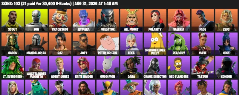Fortnite account inventory for LVL 1827 - Scout - Eon - 103 Outfits