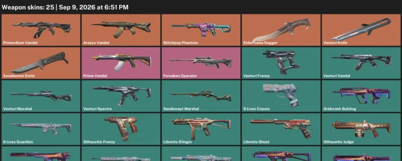 Valorant account inventory for LVL 46 · Elderflame Dagger & Venturi Knife & Xenohunter Knife
