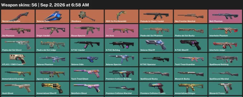 Valorant account inventory for LVL 102 · Nocturnum Scythe & RGX 11z Pro Karambit