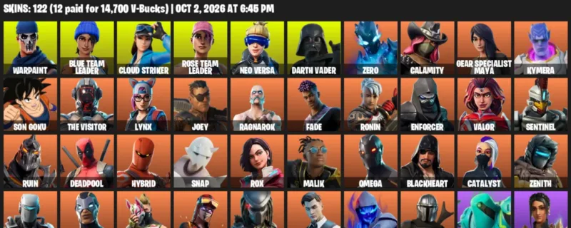 Fortnite account inventory for Warpaint - Blue Team Leader - 120 Outfits