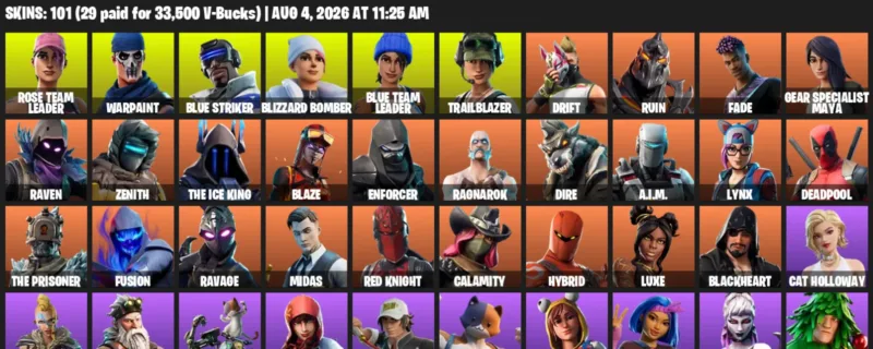 Fortnite account inventory for LVL 1375 - Rose Team Leader - Warpaint - 101 Outfits