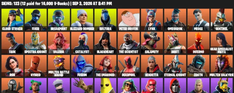 Fortnite account inventory for LVL 2187 - Cloud Striker - Fixer - 123 Outfits