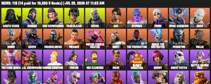 Fortnite Accounts listing: LVL 1270 - Darth Vader - Xander - 118 Outfits - 118 outfits