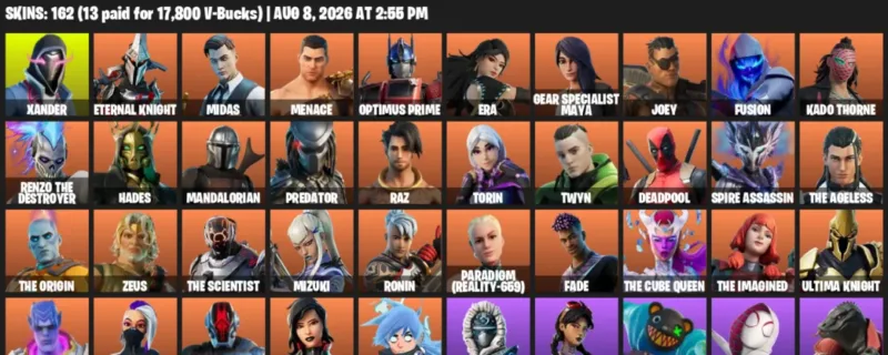 Fortnite account inventory for LVL 2866 - Xander - Eternal Knight - 162 Outfits