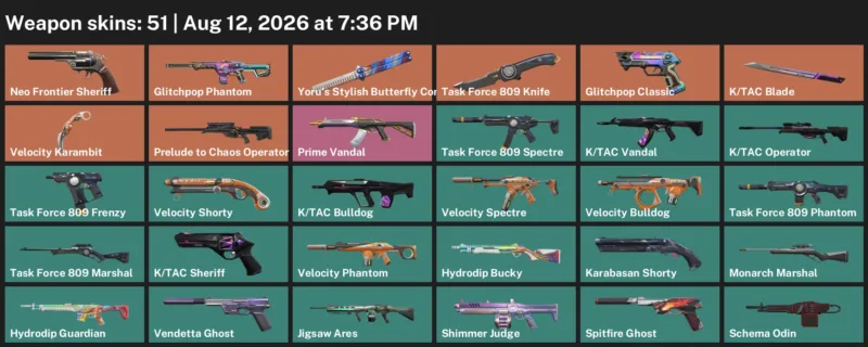 Valorant account inventory for LVL 145 · Velocity Karambit & Glitchpop Phantom
