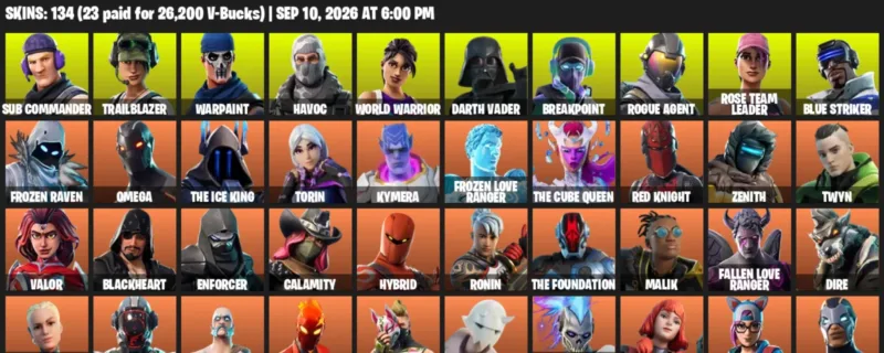 Fortnite account inventory for LVL 1319 - Sub Commander - Trailblazer - 134 Outfits