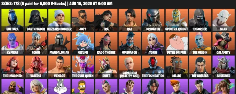 Fortnite account inventory for LVL 2288 - Sultura - Darth Vader - 178 Outfits