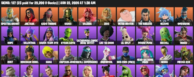 Fortnite account inventory for LVL 1536 - Spectra Knight - Joltara - 127 Outfits