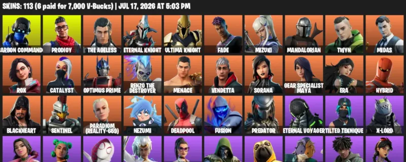 Fortnite Accounts listing: LVL 2461 - Carbon Commando - Prodigy - 113 Outfits - 113 outfits