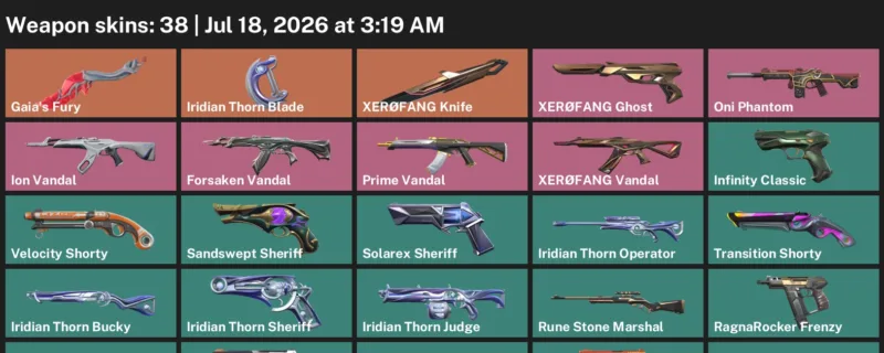 Valorant Accounts listing: LVL 318 · Iridian Thorn Blade & XERØFANG Knife · 38 Skins - Silver 1, 38 skins