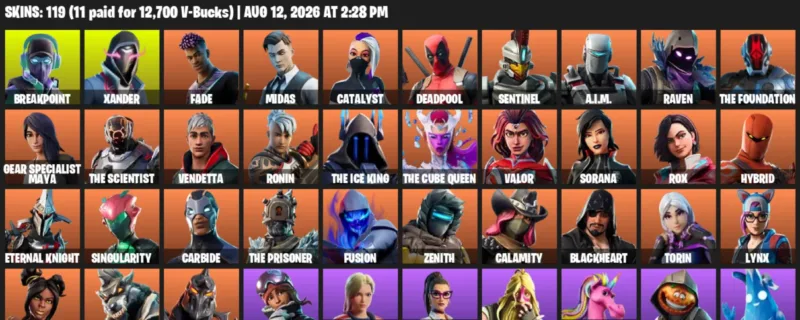 Fortnite account inventory for LVL 1694 - Breakpoint - Xander - 119 Outfits