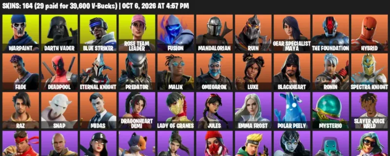 Fortnite account inventory for Warpaint - Darth Vader - 120 Outfits