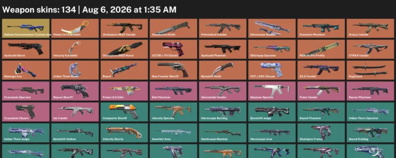 Valorant account inventory for LVL 185 · Byteshift Knife & Champions 2023 Kunai & Xenohunter Knife