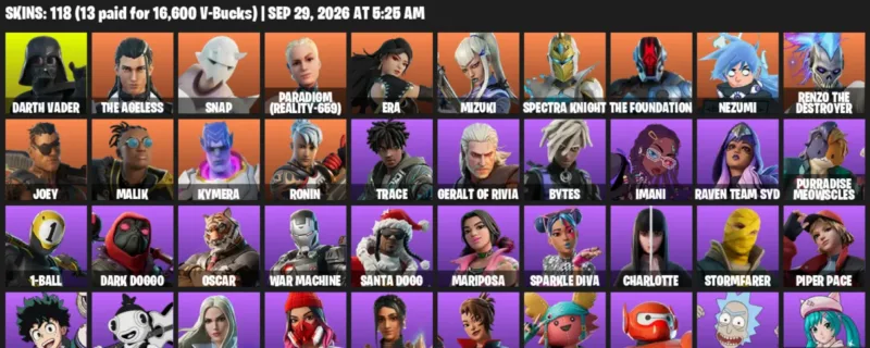 Fortnite account inventory for Darth Vader - The Ageless - 118 Outfits