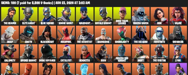 Fortnite account inventory for LVL 1062 - The Reaper - Elite Agent - 100 Outfits