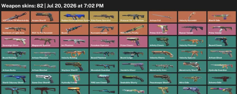 Valorant Accounts listing: LVL 320 · RGX 11z Pro Karambit & Velocity Karambit · 82 Skins - Gold 3, 82 skins