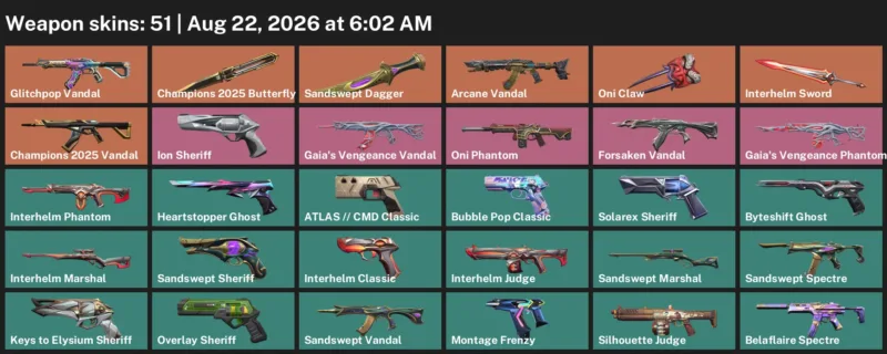 Valorant account inventory for LVL 289 · 51 Skins Champions 2025 Butterfly Knife & Arcane Vandal