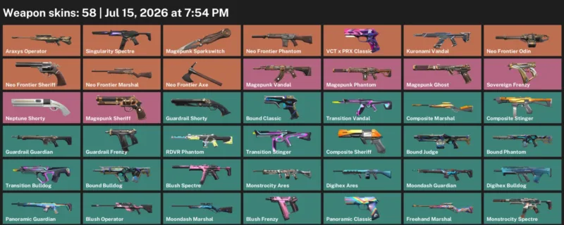 Valorant Accounts listing: LVL 54 · Araxys Operator & Singularity Spectre · 58 Skins - Bronze 1, 58 skins