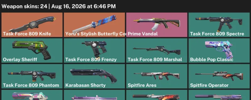 Valorant account inventory for LVL 172 · 24 Skins Task Force 809 Knife & Overlay Sheriff