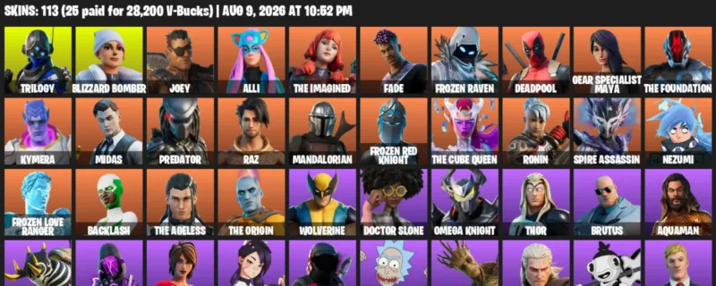 Fortnite account inventory for LVL 1194 - Trilogy - Blizzard Bomber - 113 Outfits