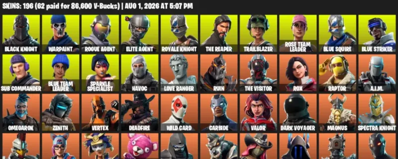 Fortnite account inventory for LVL 1326 - Black Knight - Warpaint - 196 Outfits
