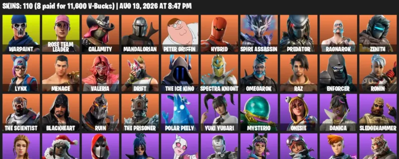 Fortnite account inventory for LVL 1614 - Warpaint - Rose Team Leader - 110 Outfits