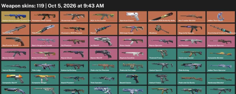 Valorant account inventory for LVL 206 · 119 Skins Champions 2022 Butterfly Knife & Tilde Knife