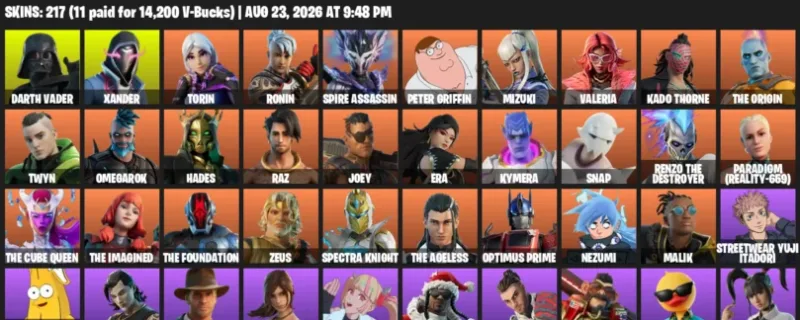Fortnite account inventory for LVL 3982 - Darth Vader - Xander - 217 Outfits