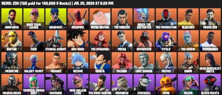 Fortnite Accounts listing: LVL 1733 - John Wick - Rose Team Leader - 236 Outfits - 236 outfits