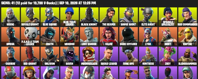 Fortnite account inventory for LVL 469 - Havoc - Royale Knight - 41 Outfits