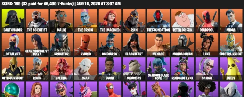 Fortnite account inventory for LVL 2328 - Darth Vader - The Scientist - 189 Outfits