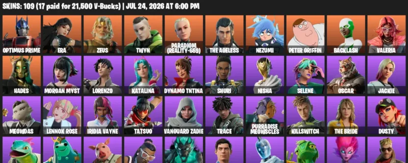 Fortnite Accounts listing: LVL 3507 - Optimus Prime - Era - 109 Outfits - 109 outfits