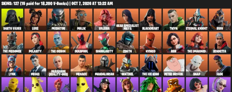 Fortnite account inventory for Darth Vader - Luxe - 120 Outfits