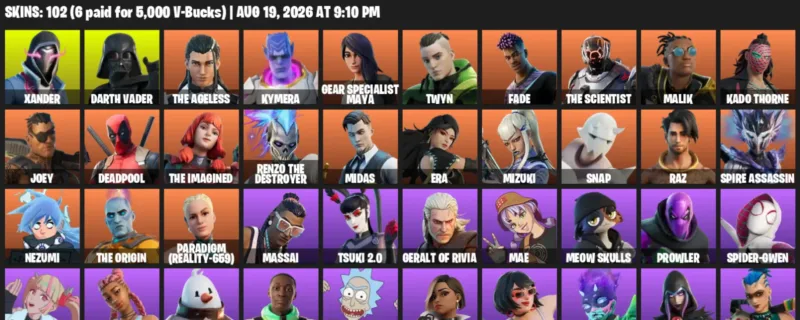 Fortnite account inventory for LVL 1917 - Xander - Darth Vader - 102 Outfits