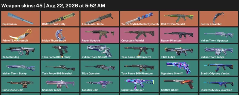 Valorant account inventory for LVL 94 · Reaver Karambit & Xenohunter Knife