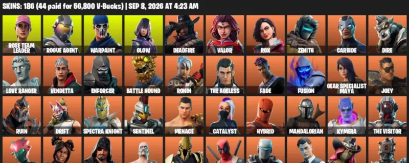 Fortnite account inventory for LVL 1892 - Rose Team Leader - Rogue Agent - 186 Outfits