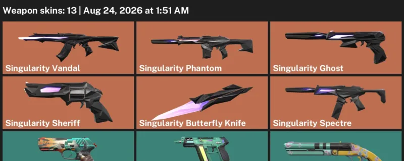 Valorant account inventory for LVL 102 · Singularity Butterfly Knife & Singularity Phantom